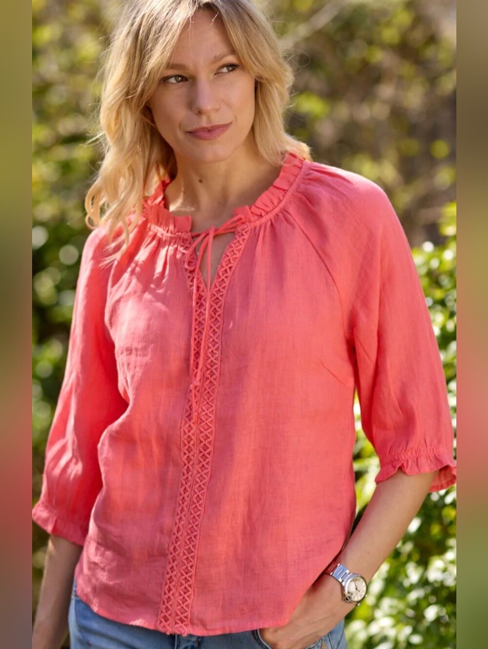 100% Linen Blouse Salmon Pink Cream Brand L/XL